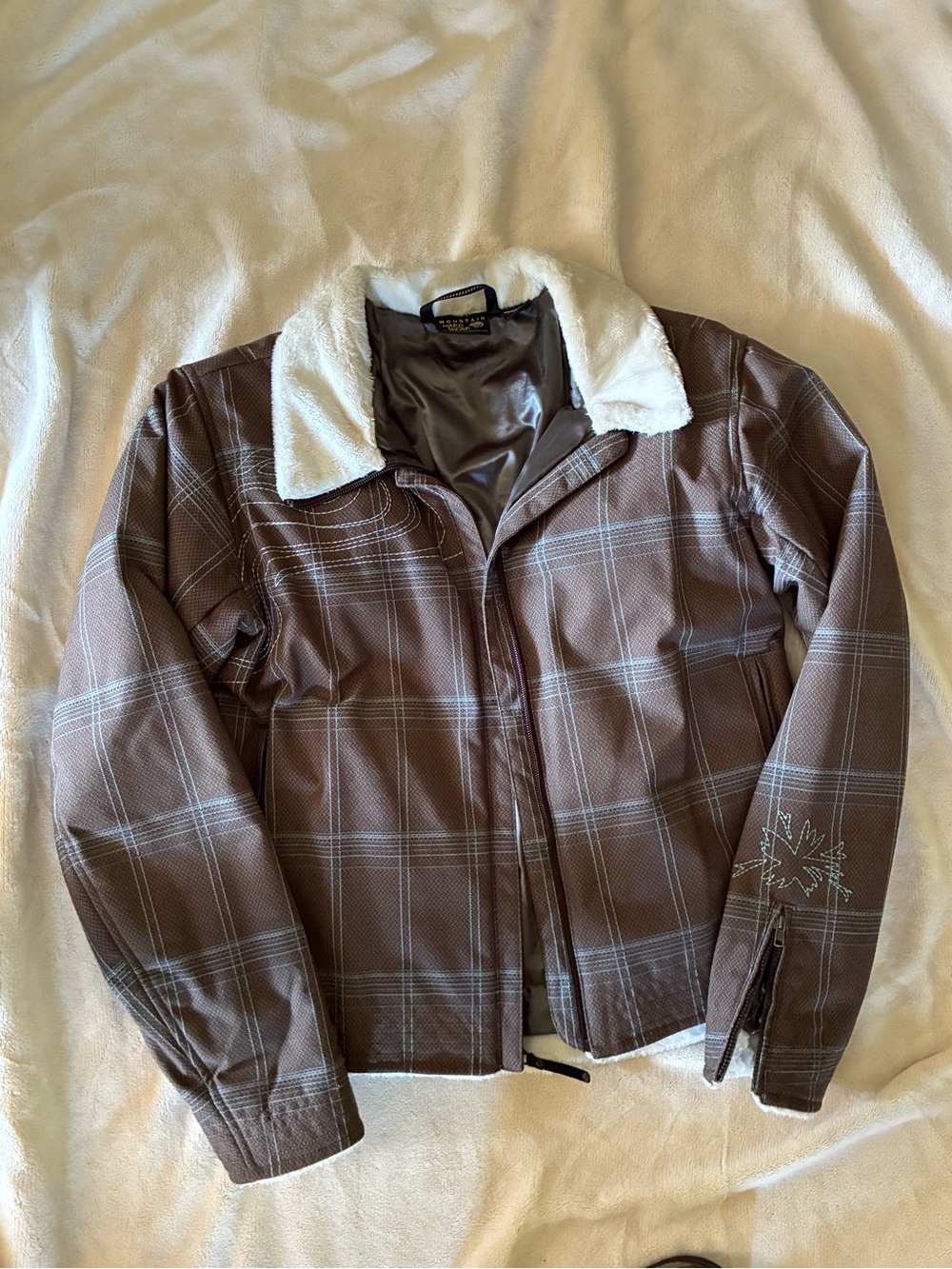 Mountain Hardwear Brown Plaid Bomber Jacket with White Sherpa Collar